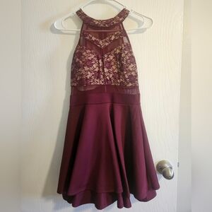 Womens Burgundy Halter Dress with Lace Detail